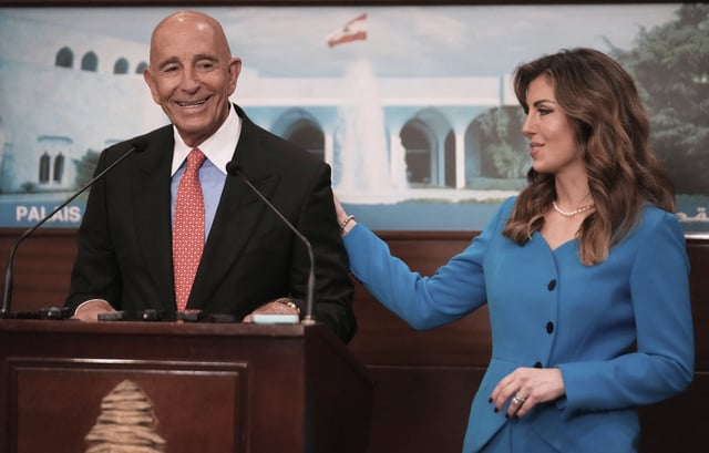 U.S. Ambassador to Turkey and Special Envoy to Syria Tom Barrack, left, speaks during a joint press conference with U.S. deputy special envoy for Middle East peace Morgan Ortagus, after their meeting with Lebanese President Joseph Aoun, at the presidential palace in Baabda, east of Beirut, Lebanon, Tuesday, Aug. 26, 2025. (AP Photo/Hussein Malla)