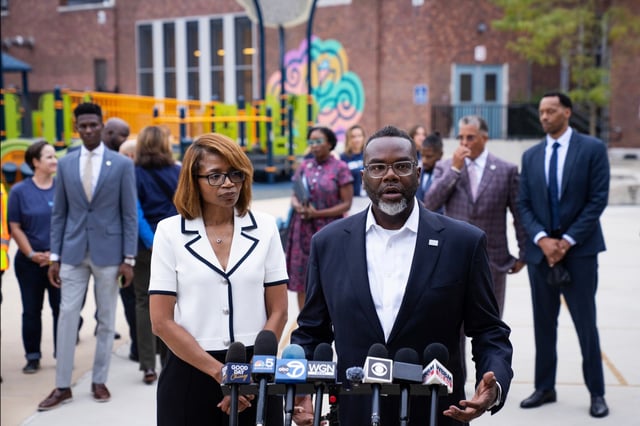 Mayor Brandon Johnson and interim CPS CEO Macquline King address the media at the Courtenay Language Arts Center in the Uptown neighborhood on the first day of school, Aug. 18, 2025. (E. Jason Wambsgans/Chicago Tribune)