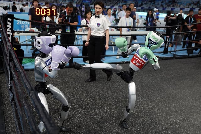 A pair of robots from Unitree Robotics compete in a kickboxing match at the inaugural World Humanoid Robot Games in Beijing on August 15, 2025. Photo: Reuters