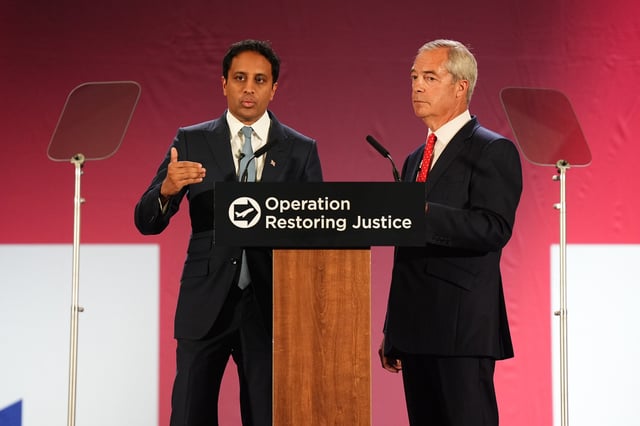 Zia Yusuf and Nigel Farage speak to the press in Oxfordshire