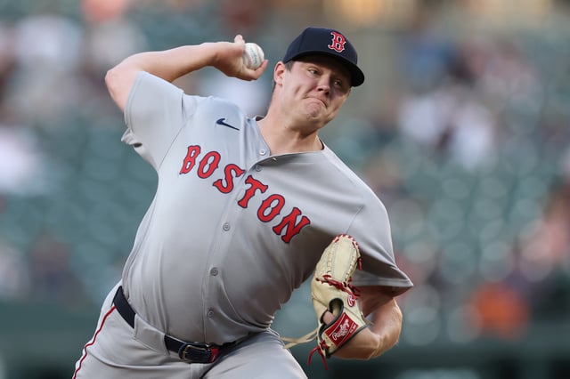BALTIMORE, MARYLAND - AUGUST 25: Richard Fitts #80 of the Boston Red Sox pitches against the Baltimore Orioles during the second inning at Oriole Park at Camden Yards on August 25, 2025 in Baltimore, Maryland.