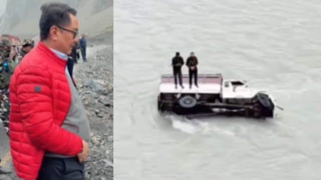 A clip from Kiren Rijiju’s Ladakh visit showed two men stuck on a toppled truck in a fast river. The minister confirmed they were rescued safely.