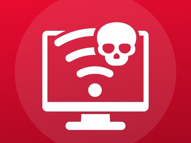 White Wi-Fi logo on a computer icon overlaid by a skull over a red background