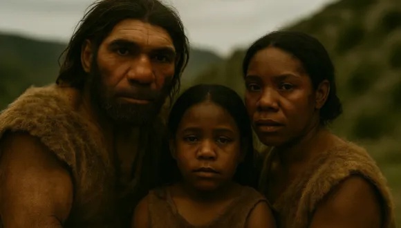 This is an AI reconstruction of a Neanderthal man and a modern human woman. In the middle is their child. Via Tel Aviv University.