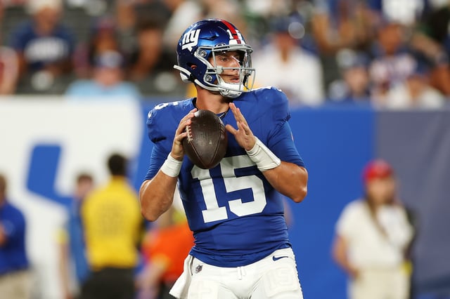 Tommy DeVito #15 of the New York Giants in action during the NFL Preseason 2025 game between New York Jets and New York Giants at MetLife Stadium on August 16, 2025 in East Rutherford, New Jersey. The Giants won 31-12.