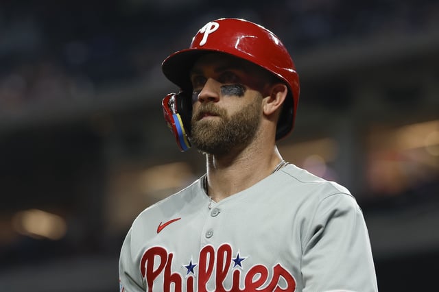 ARLINGTON, TEXAS - AUGUST 8: Bryce Harper #3 of the Philadelphia Phillies looks on in the ninth inning during a game against the Texas Rangers at Globe Life Field on August 8, 2025 in Arlington, Texas. (Photo by Brandon Sloter/Getty Images)
