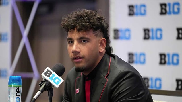 Jul 22, 2025; Las Vegas, NV, USA; Nebraska quarterback Dylan Raiola speaks to the media during the Big Ten NCAA college football media days at Mandalay Bay Resort. Mandatory Credit: Lucas Peltier-Imagn Images