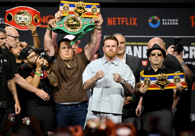 Canelo Álvarez is seen onstage during the Canelo Álvarez vs. Terence Crawford Las Vegas Press Conference at T-Mobile Arena on June 27, 2025 in Las Vegas, Nevada.