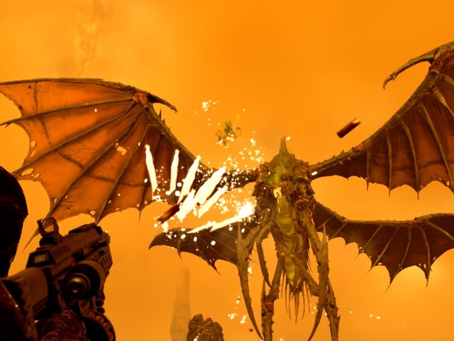 A large Dragon Roach in Helldivers 2 looms in front of a soldier trying to shoot it down.