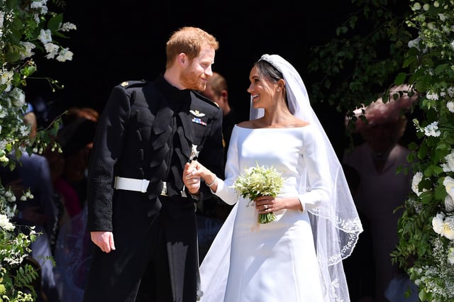 Britain's Prince Harry and his wife Meghan at Windsor Castle in Windsor, England, on their wedding day on May 19, 2018.
