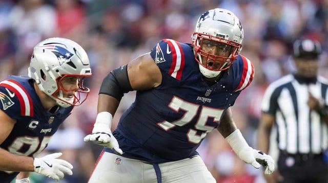 Dec 15, 2024; Glendale, Arizona, USA; New England Patriots offensive tackle Demontrey Jacobs (75) against the Arizona Cardinals at State Farm Stadium. Mandatory Credit: Mark J. Rebilas-Imagn Images