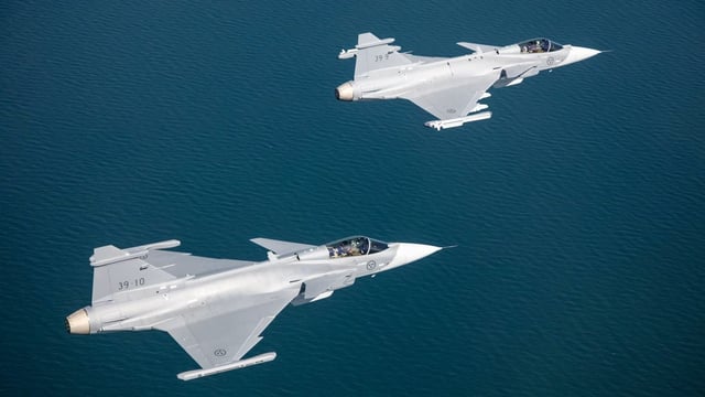 Saab’s Gripen E fighter jets are powered by GE Aerospace’s F414-GE-39E engines. Credit: Saab AB.