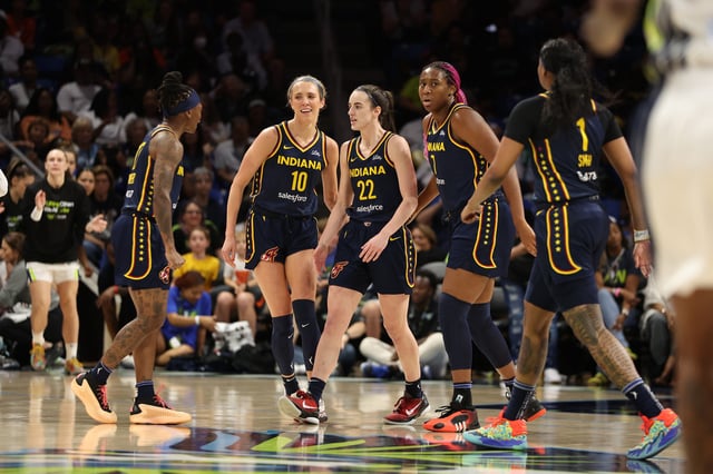 Caitlin Clark #22 of the Indiana Fever celebrates with teammates while playing the Dallas Wings during a pre season game at College Park Center on May 03, 2024 in Arlington, Texas.
