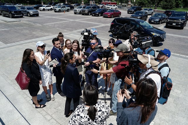 Rep. Alexandria Ocasio-Cortez speaks to the media after the House of Representatives voted to pass President Donald Trump's spending and tax bill, at the US Capitol on July 3.