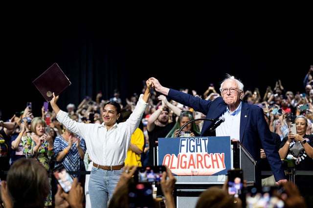 Rep. Alexandria Ocasio-Cortez and Sen. Bernie Sanders participate in a stop on the ‘Fighting Oligarchy’ tour in Bakersfield, California, on April 15.