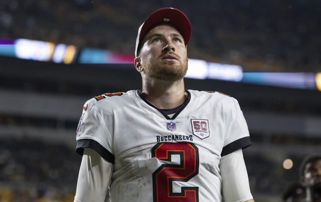 Tampa Bay Buccaneers quarterback Kyle Trask (2) walks off the field during a pre-season NFL football game, Saturday, Aug. 16, 2025, in Pittsburgh. (AP Photo/Matt Durisko)