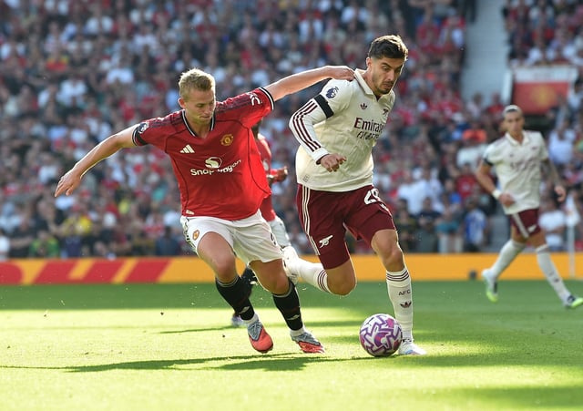 Soccer Football - Premier League - Manchester United v Arsenal - Old Trafford, Manchester, Britain - August 17, 2025 Arsenal's Kai Havertz  in action with Manchester United's Matthijs de Ligt REUTERS/Peter Powell/File Photo