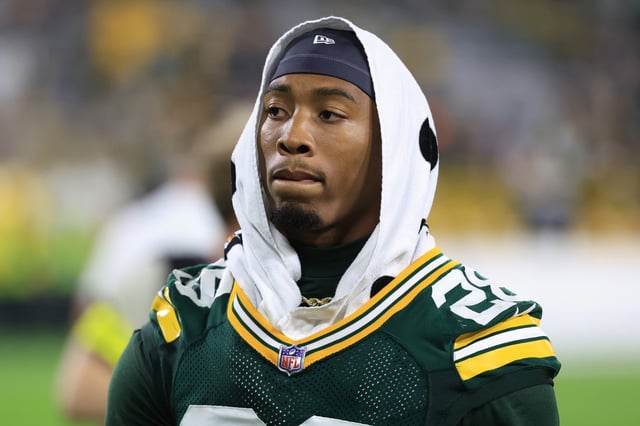 GREEN BAY, WISCONSIN - AUGUST 09: Isaiah Simmons #28 of the Green Bay Packers walks off the field after the NFL Preseason 2025 game against the New York Jets at Lambeau Field on August 09, 2025 in Green Bay, Wisconsin.