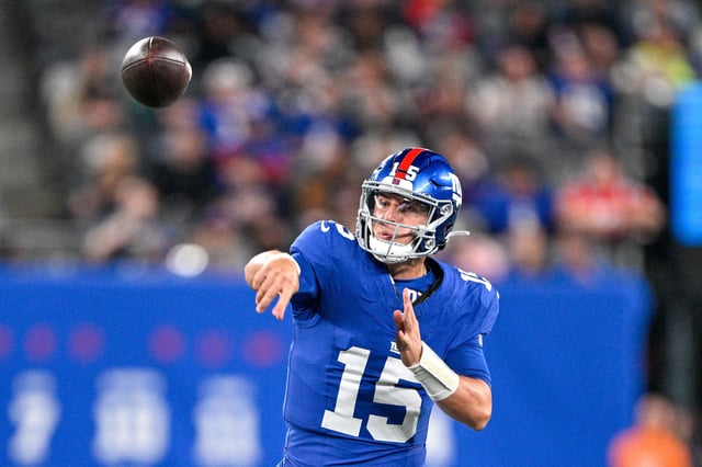 Aug 21, 2025; East Rutherford, New Jersey, USA; New York Giants quarterback Tommy DeVito (15) throws the ball during the third quarter against the New England Patriots at MetLife Stadium. Mandatory Credit: Mark Smith-Imagn Images/File Photo