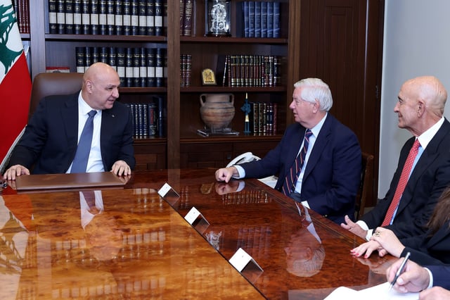 Lebanese President Joseph Aoun, left, meets with Sen. Lindsey Graham and Ambassador Barrack at the presidential palace in Baabda on Tuesday.