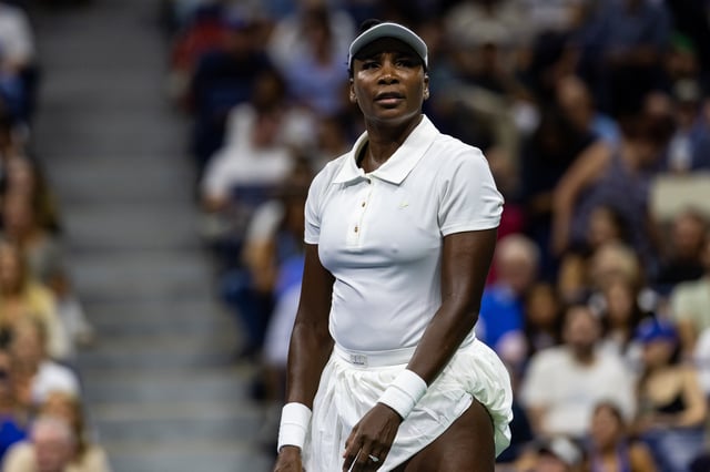 Aug 25, 2025; Flushing, NY, USA; Venus Williams of the United States in action against Karolina Muchova of Czech Republic in the first round of the women’s singles at the US Open at Arthur Ashes Stadium in Billie Jean King National Tennis Centre. Mandatory Credit: Mike Frey-Imagn Images
