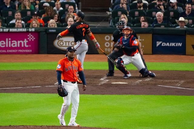 HOUSTON, TEXAS - AUGUST 15: Framber Valdez #59 of the Houston Astros looks on after striking out Gunnar Henderson #2 of the Baltimore Orioles during a game at Daikin Park on August 15, 2025 in Houston, Texas.