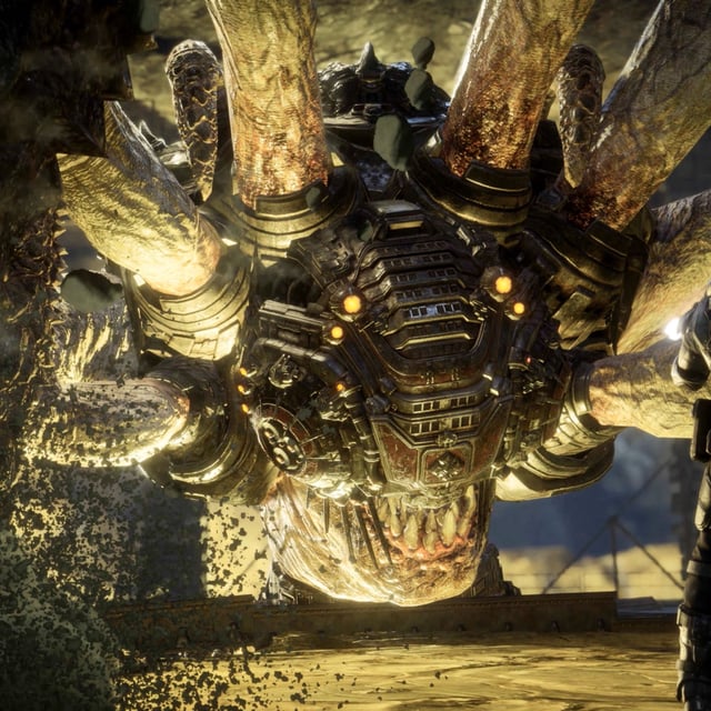 Marcus shooting at a Corpser in Gears of War: Reloaded