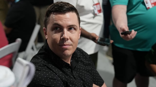 Apr 1, 2025; Palm Beach, FL, USA; New Orleans Saints head coach Kellen Moore answers questions from the media during the NFL Annual League Meeting at The Breakers. Mandatory Credit: Jim Rassol-Imagn Images