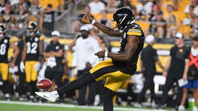 Aug 16, 2025; Pittsburgh, Pennsylvania, USA; Pittsburgh Steelers punter Corliss Waitman (3) punts against the Tampa Bay Buccaneers during the fourth quarter at Acrisure Stadium. Mandatory Credit: Barry Reeger-Imagn Images
