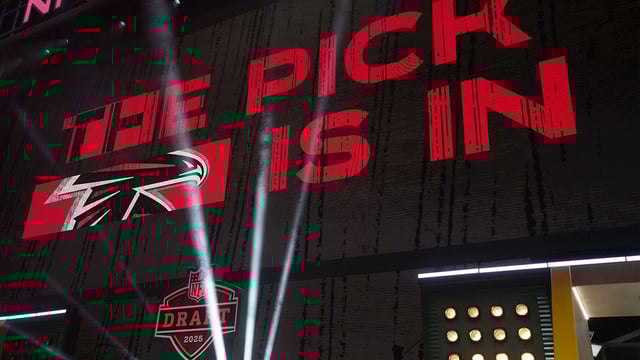 Apr 24, 2025; Green Bay, WI, USA; The Atlanta Falcons logo is projected on the video board during the NFL Draft at Lambeau Field. Mandatory Credit: Kirby Lee-Imagn Images