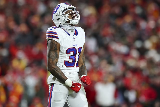 KANSAS CITY, MISSOURI - JANUARY 26: Rasul Douglas #31 of the Buffalo Bills celebrates during the first half of the AFC Championship Game against the Kansas City Chiefs at GEHA Field at Arrowhead Stadium on January 26, 2025 in Kansas City, Missouri.