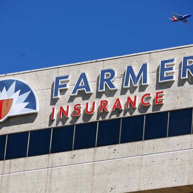 The Farmers Insurance logo is displayed at company headquarters on August 29, 2023 in Woodland Hills, California