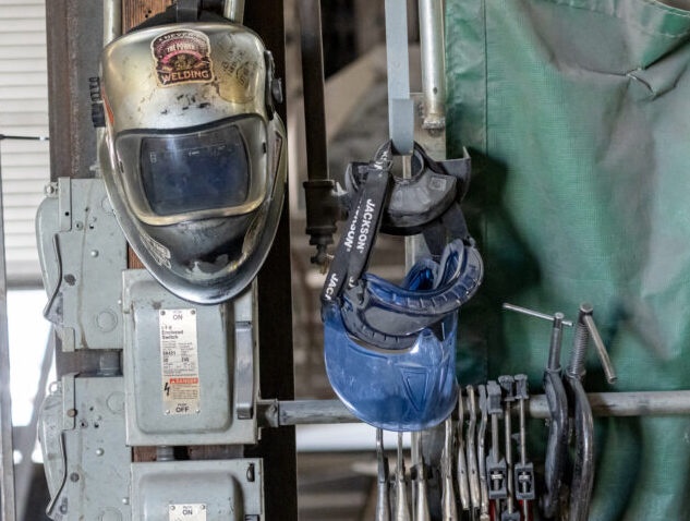 A protective face mask and goggles at the Metal Manufacturing Co. facility in Sacramento, California, US, on Tuesday, May 27, 2025. The US Census Bureau is scheduled to release factory orders figures on June 3. Photographer: David Paul Morris/Bloomberg via Getty Images