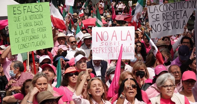 El 12 de agosto de 2024, simpatizantes de la Marea Rosa protestaron contra la sobrerrepresentación de Morena afuera de las instalaciones del Instituto Nacional Electoral (INE). Foto: Graciela López, Cuartoscuro