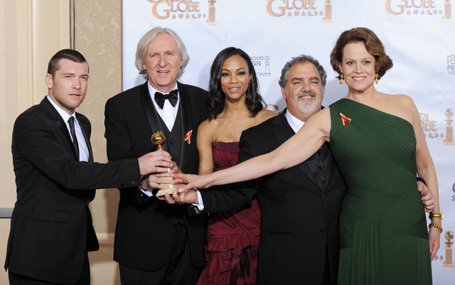FILE - Sam Worthington, from left, director James Cameron, Zoe Saldana, producer Jon Landau, and Sigourney Weaver pose with the award for best motion picture drama for "Avatar" at the 67th Annual Golden Globe Awards on Jan. 17, 2010, in Beverly Hills, Calif. (AP Photo/Mark J. Terrill, File