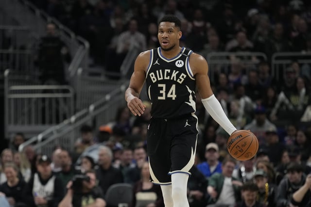 Giannis Antetokounmpo #34 of the Milwaukee Bucks dribbles the ball against the New York Knicks during the first quarter at Fiserv Forum on March 28, 2025 in Milwaukee, Wisconsin.