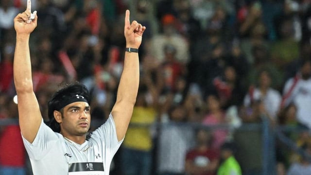Neeraj Chopra reacts during the Neeraj Chopra Classic. (AFP)