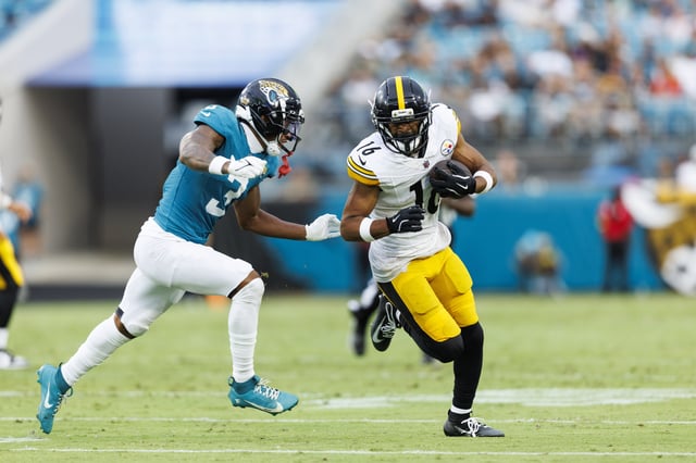 Aug 9, 2025; Jacksonville, Florida, USA; Jacksonville Jaguars cornerback Tyson Campbell (3) goes to tackle Pittsburgh Steelers wide receiver Robert Woods (16) during the first quarter at EverBank Stadium. Mandatory Credit: Morgan Tencza-Imagn Images/File Photo