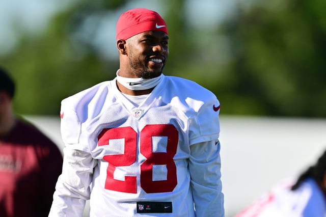 Shilo Sanders #28 of the Tampa Bay Buccaneers works out during the 2025 Tampa Bay Buccaneers Training Camp at AdventHealth Training Center on July 24, 2025 in Tampa, Florida.
