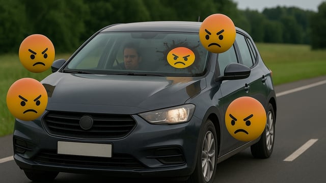Auto wird von wütenden Emojis umzingelt