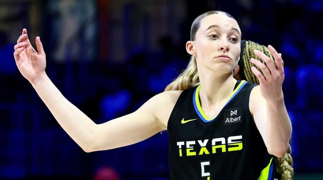 Aug 24, 2025; Arlington, Texas, USA; Dallas Wings guard Paige Bueckers (5) reacts against the Golden State Valkyries during the second half at College Park Center. Mandatory Credit: Kevin Jairaj-Imagn Images