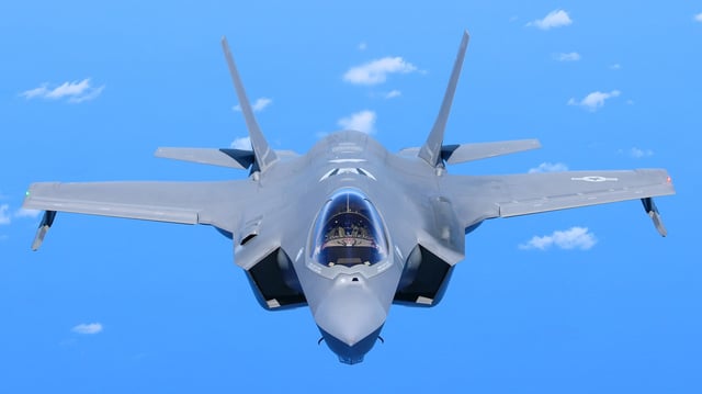 Six F-35 Lightning ii aircraft follow closely behind a KC-135 Stratotanker aircraft during a trip across the Pacific Ocean, April 20, 2025. (U.S. Air National Guard photo by Tech. Sgt. Andrew Stover)