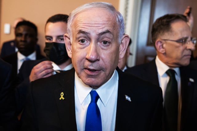 Israeli Prime Minister Benjamin Netanyahu talks with reporters before a bipartisan meeting with senate leaders in the U.S. Capitol on Wednesday, July 9, 2025.