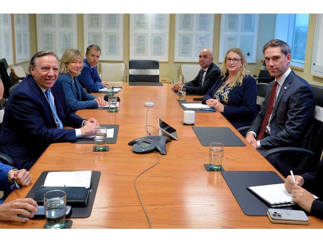 Newfoundland and Labrador Premier John Hogan (right) and Quebec Premier François Legault meet at Confederation Building Tuesday morning Aug. 26, 2025.