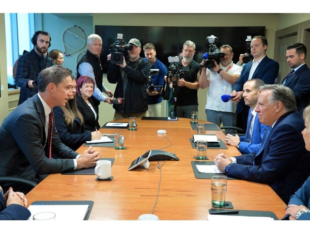 Newfoundland and Labrador Premier John Hogan (left) and Quebec Premier François Legault meet at the NL premier’s office at Confederation Building in St. John’s on Tuesday morning, Aug. 26, 2025. Legault and team were in St. John’s to further discussions on Churchill Falls development.