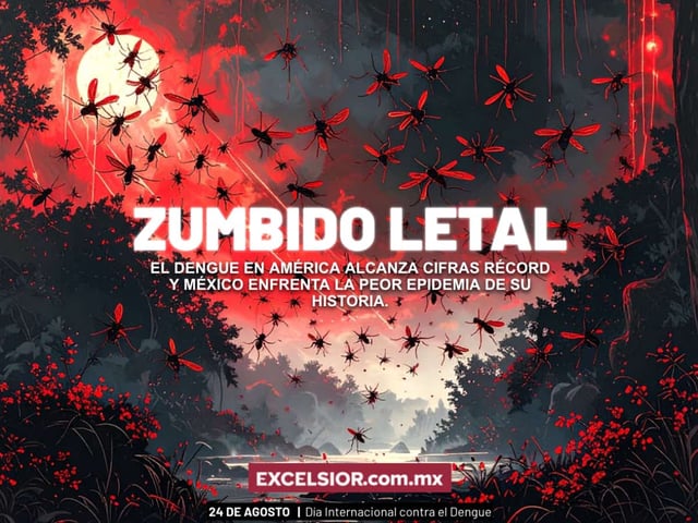 Ilustración artística de decenas de mosquitos volando sobre un paisaje tropical oscuro, con tonos rojos intensos que simbolizan el riesgo y la letalidad del dengue en América Latina, destacando la magnitud de la epidemia y su impacto en países como México, Brasil y Colombia.