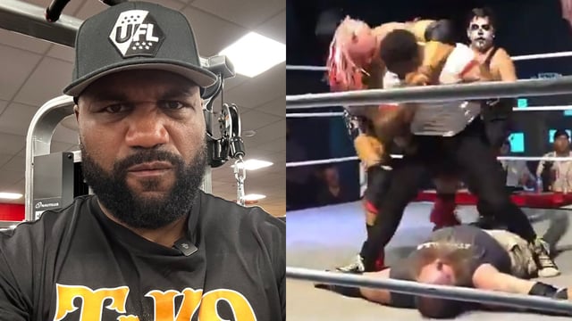 rampage jackson side-by-side with raja jackson attacking indy wrestler