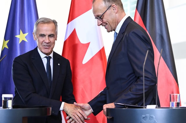 26 August 2025, Berlin: German Chancellor Friedrich Merz and Canadian Prime Minister Mark Carney hold a joint press conference. Photo: Britta Pedersen/dpa (Photo by Britta Pedersen/picture alliance via Getty Images)