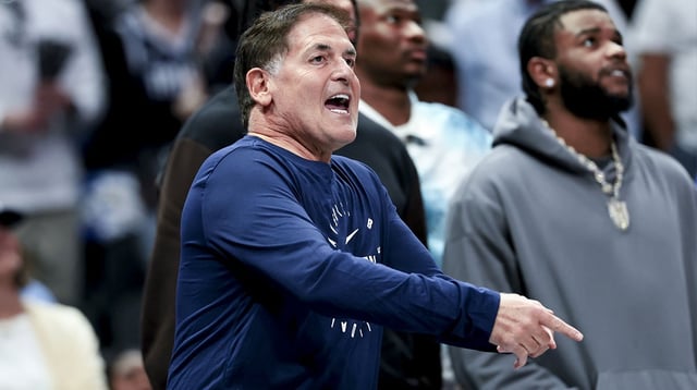 Mar 16, 2025; Dallas, Texas, USA; Mark Cuban reacts against the Philadelphia 76ers during the second half at American Airlines Center. Mandatory Credit: Kevin Jairaj-Imagn Images