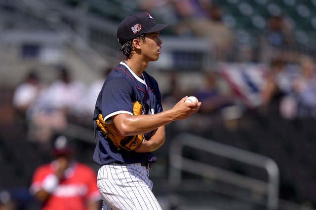 Jonah Tong #16 of the New York Mets pitches in the second inning during the 2025 All-Star Futures Game at Truist Park on July 12, 2025 in Atlanta, Georgia.
